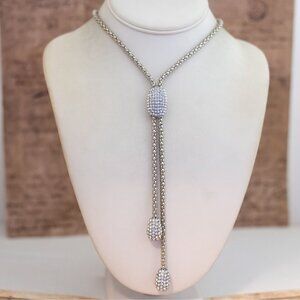 30 inch, Vintage Clear Rhinestones Silver Tone Tassel Necklace by Chiccos - X24